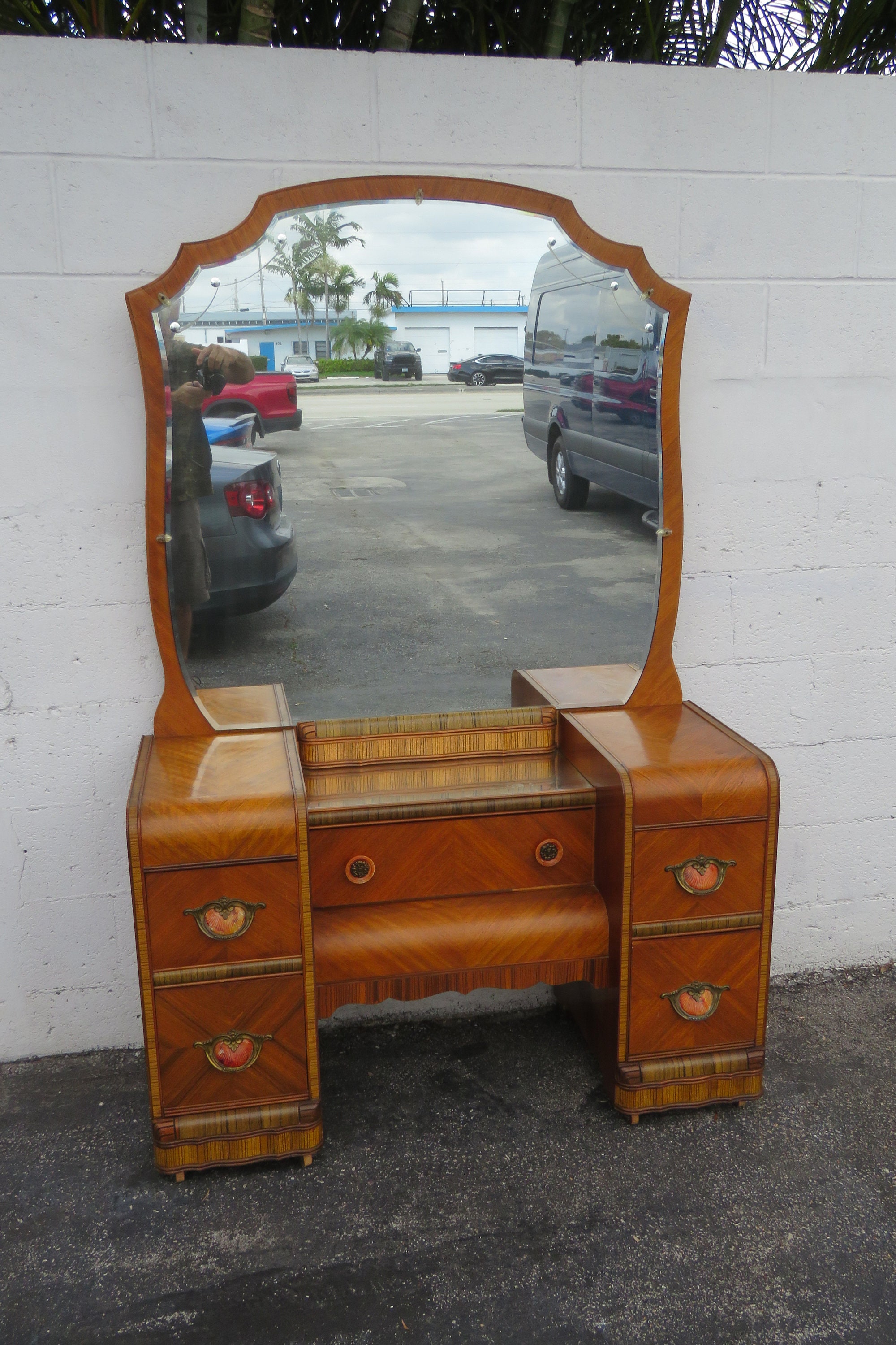 Art Deco Waterfall Vanity Makeup Table With Mirror Shell Bakelite Handles