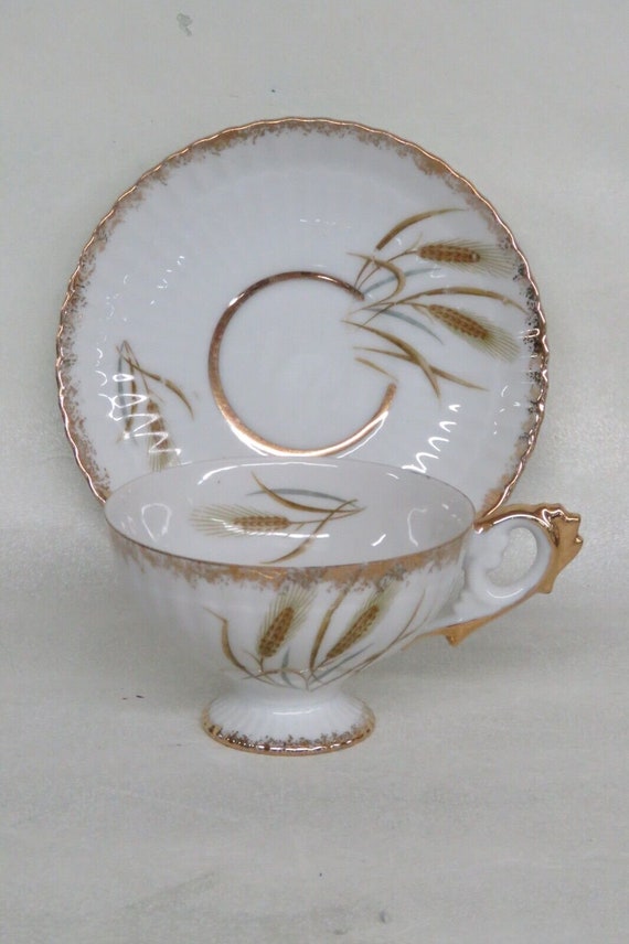 牡丹と伏せ茶碗 Kelvin Fine China Japan White and Gold Wheat Stalk Tea Cup