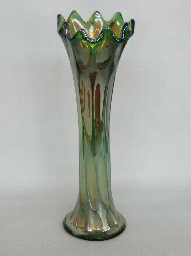 Fenton Long Thumbprint Style Green Carnival Glass Swung Vase Etsy
