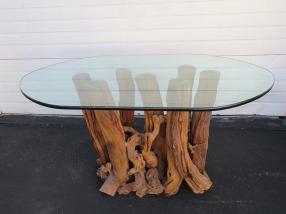 Mid Century Modern Tree Trunk Base Dining Table With Glass Top Etsy