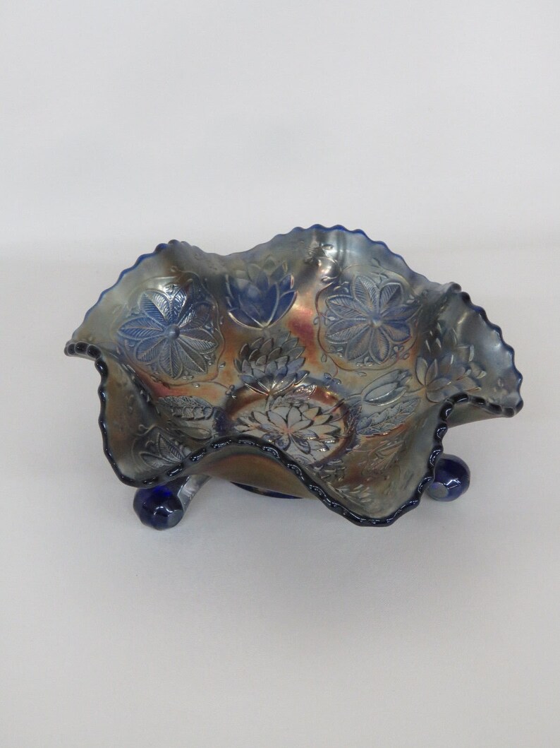 Fenton Carnival Glass Cobalt Blue Ruffled Footed Candy Dish Etsy