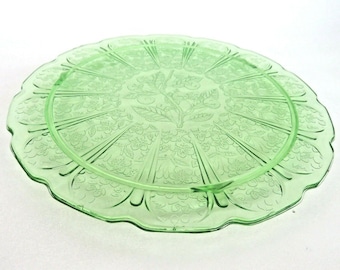 Jeannette Cherry Blossom Style Green Depression Glass Footed Cake Plate 553B