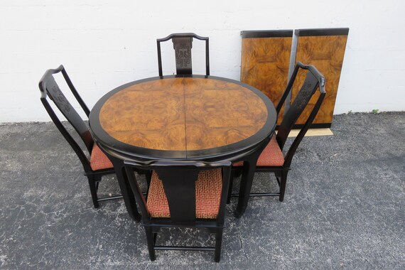 Hollywood Regency Two Tone Dining Table Four Chairs and Two Leaves