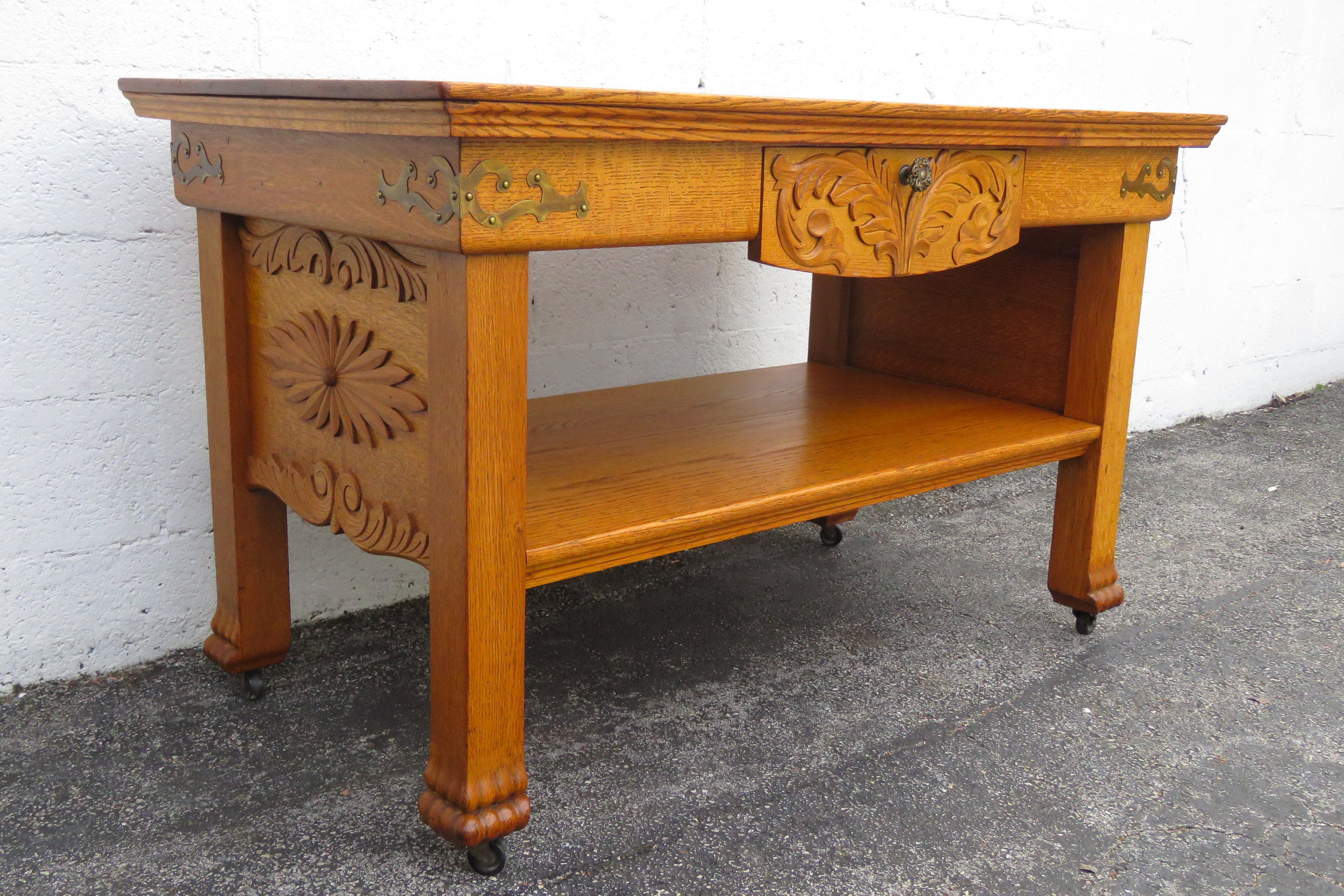 Early 1900s Carved Tiger Oak Console Library Table 5316
