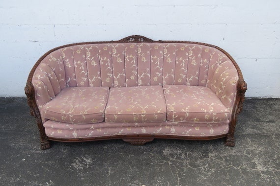 Victorian Early 1900s Hand Carved Lion Head Claw Feet Large Sofa