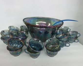 Indiana Harvest Grape Style Carnival Glass Set of Punch Bowl and 22 Cups 796B