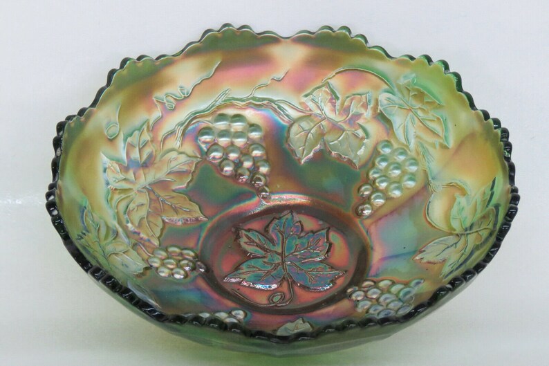 Fenton Grape Vine Style Green Carnival Glass Candy Dish Bowl Etsy