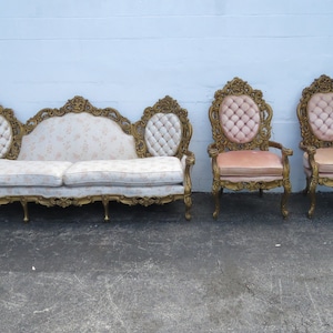 French Heavy Carved Painted Antique Gold Long Sofa Couch and Pair of Chairs 2455 SHIPPING NOT INCLUDED Please ask for shipping quote