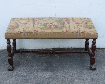 Early 1900s Tapestry Carved Stool Bed Bench Ottoman 5700 SHIPPING NOT INCLUDED Please ask for shipping quote