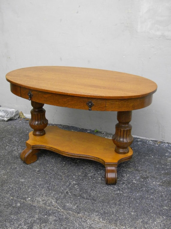 Early 1900s Victorian Oak Oval Console Table Desk 0751 Early 1900s Victorian Oak Oval Console, Oval Console Table