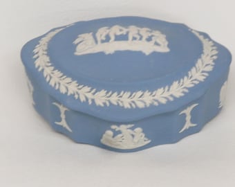 Wedgwood Blue Jasperware Oval Cherub Trinket Box Made in England 4546B