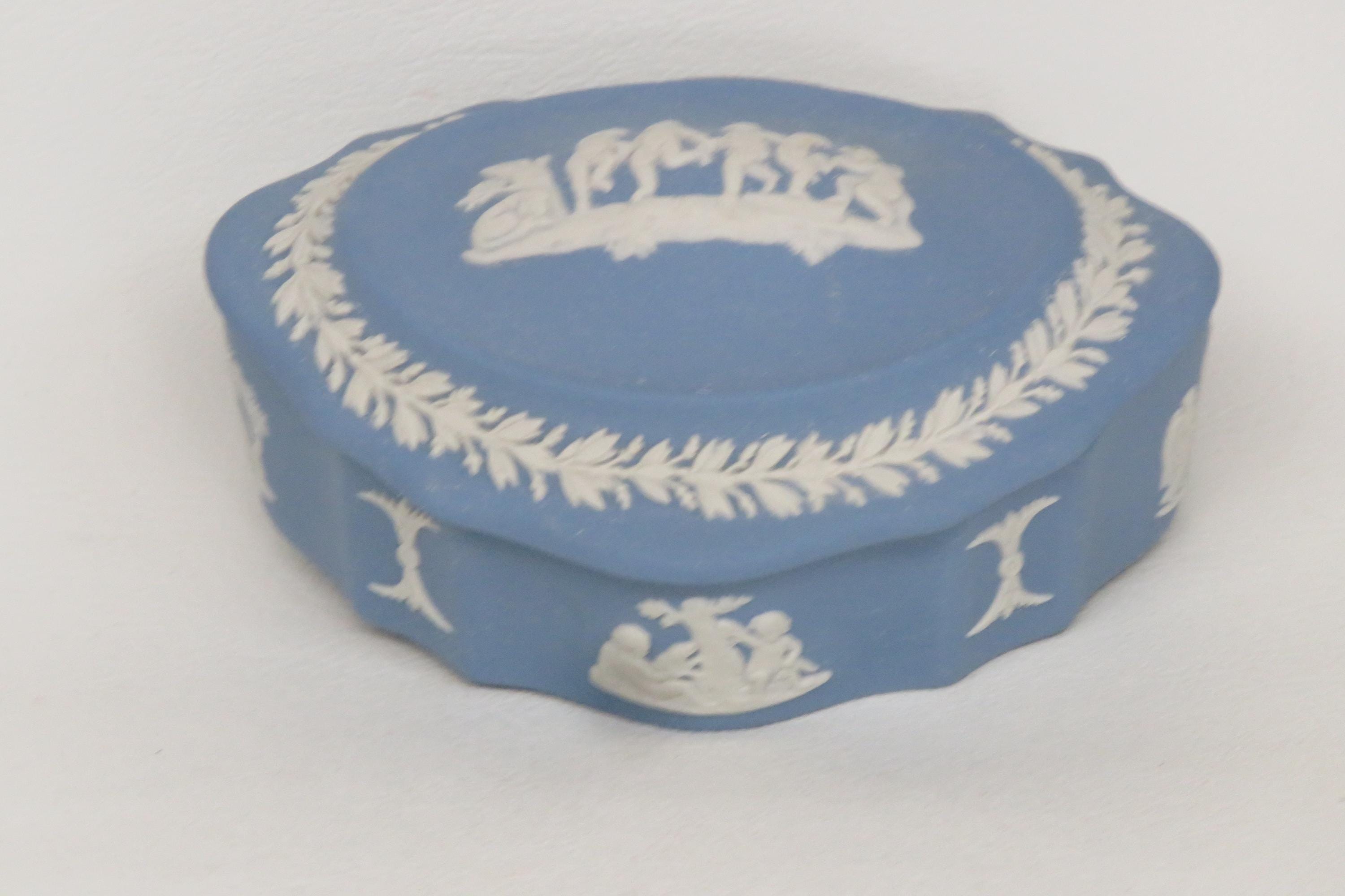 Wedgwood Blue Jasperware Oval Cherub Trinket Box Made in England 4546B