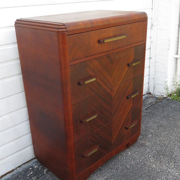 Art Deco Waterfall Burlwood Walnut Tall Chest of Drawers 2078 SHIPPING NOT INCLUDED Please ask for shipping quote