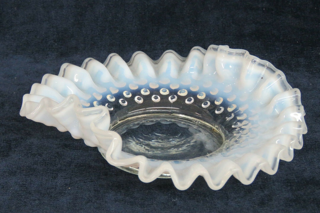 Fenton Hobnail Ruffled Style White Opalescent Glass Candy Trinket Dish ...