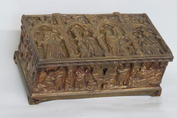 Gothic Bronze Brass Solid Heavy Carved Jewelry Re… - image 2