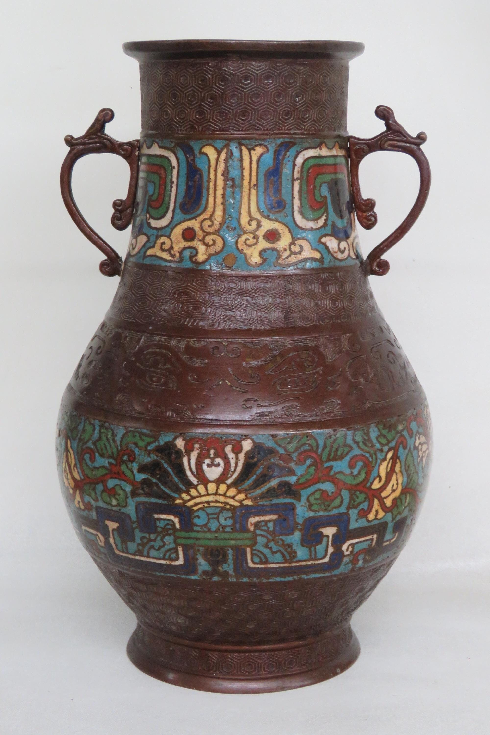 工芸品 Japanese Bronze Glazed Vase with Handles Japanese Bronze Enamel Cloisonne Vase Handled Made in Japan