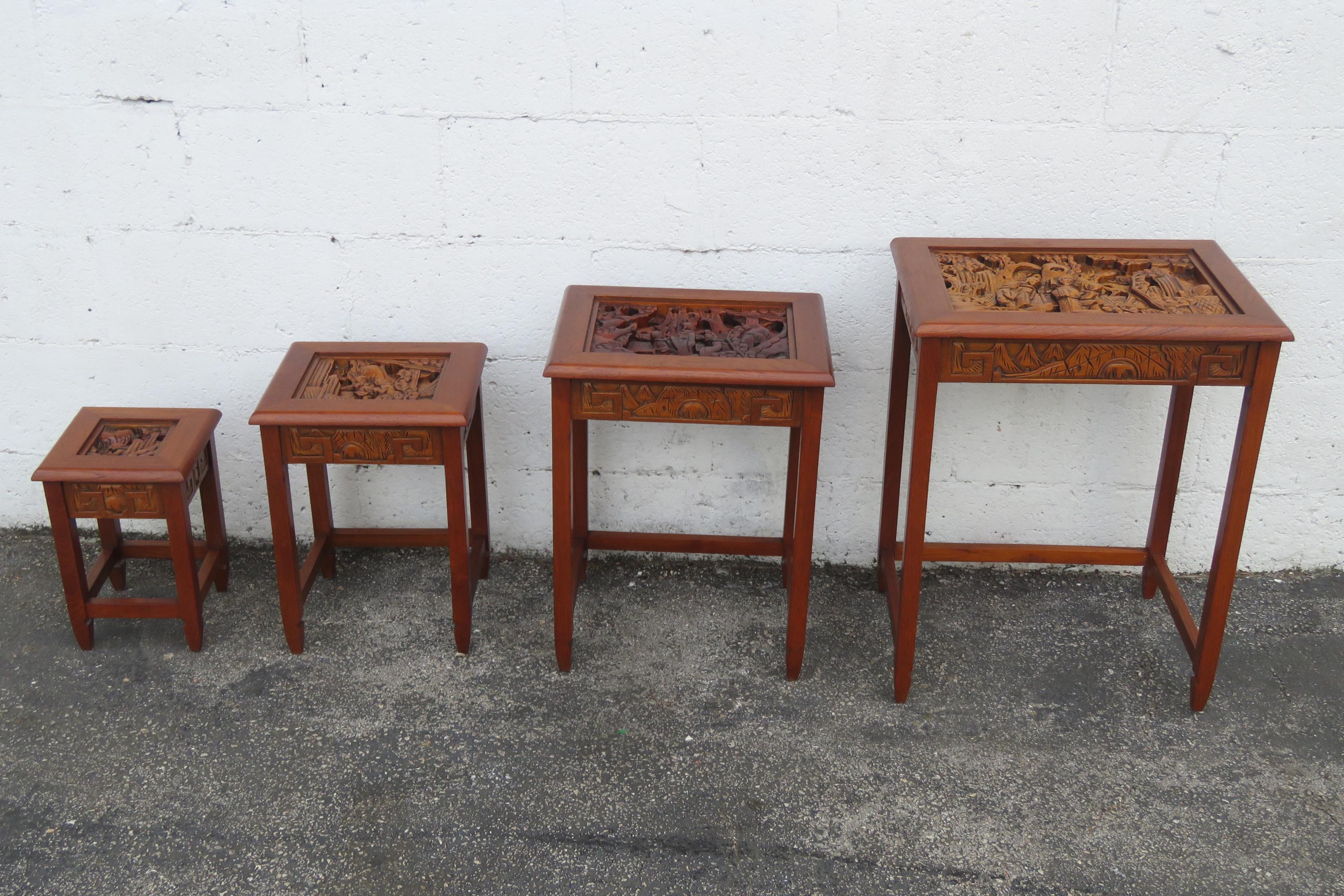 Asian Oriental Hollywood Regency Heavy Carved Nesting Tables Set of ...