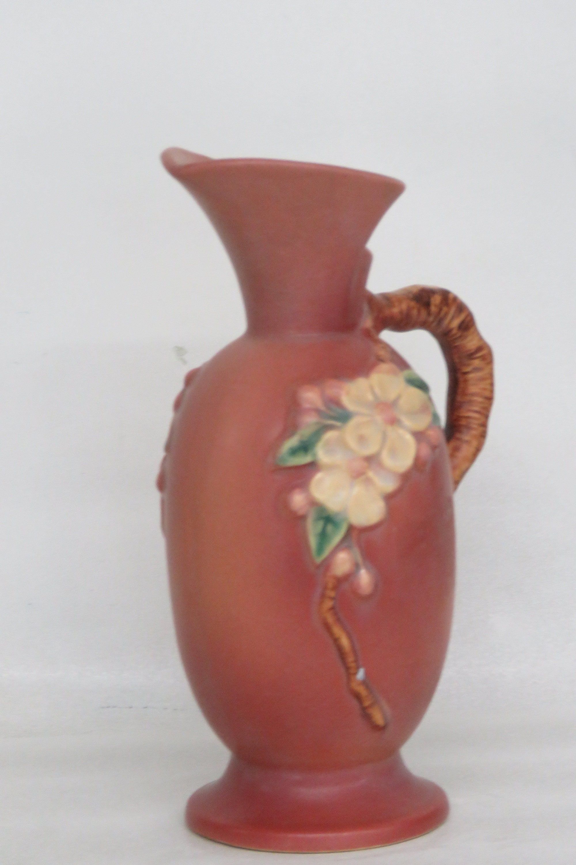 Roseville 916-8 1940s Apple Blossom Pitcher Vase With Handle 2848B