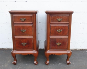 Tall Narrow Queen Anne Burl Walnut Nightstands End Bedside Tables a Pair 6659 SHIPPING NOT INCLUDED Please ask for shipping quote