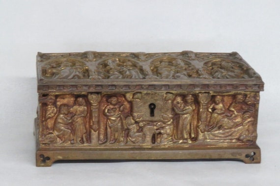 Gothic Bronze Brass Solid Heavy Carved Jewelry Re… - image 1