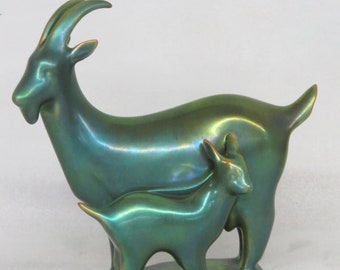 Zsolnay Hungary Eosin Goat and Kid Sinkó András Green Gold Figurine 2894B