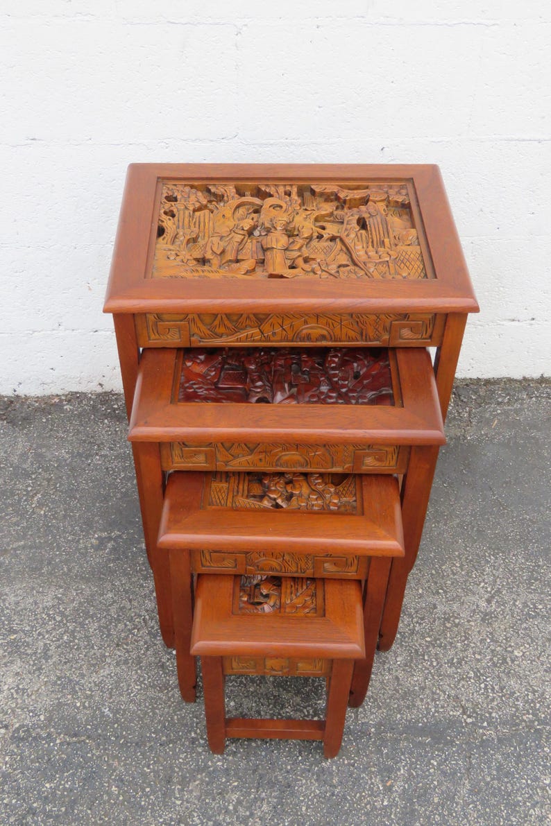 Asian Oriental Hollywood Regency Heavy Carved Nesting Tables Set of ...