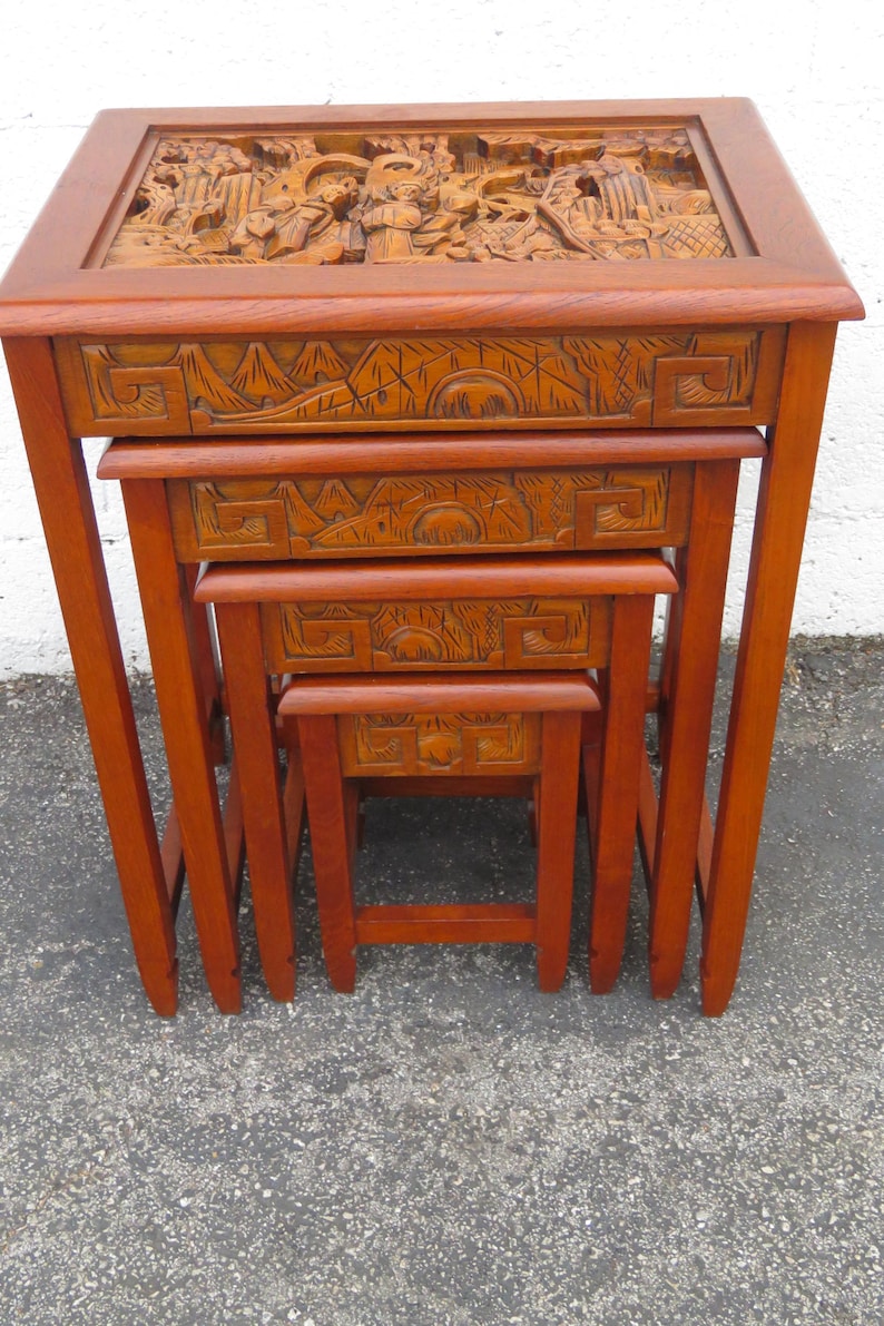 Asian Oriental Hollywood Regency Heavy Carved Nesting Tables Set of ...