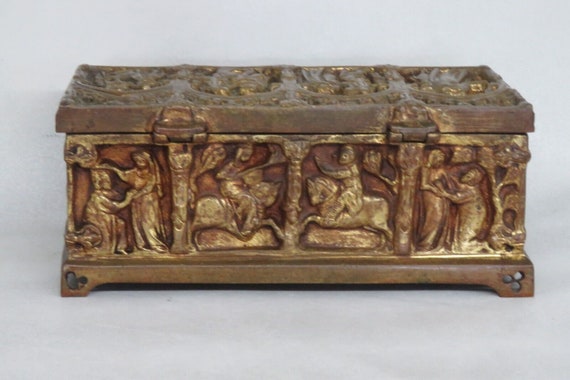 Gothic Bronze Brass Solid Heavy Carved Jewelry Re… - image 4