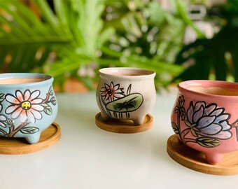 4.5" Inch Hand-Painted Ceramic Succulent Planter Pots with Bamboo Coasters (Set of 3), Ceramic Planter, Cactus Pot, Plants Not Included