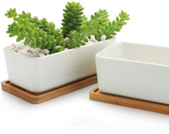 Two Mini Rectangular Planters, Set of 2 Ceramic Planters, 6.5" Planters, Cactus Planters, w Bamboo Tray, Drainage Hole, Plant Not Included