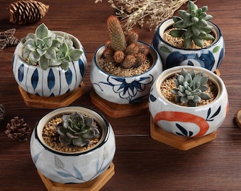 3.74" Ceramic Succulent Pot, Medium Ceramic Planter Set, Cactus Planter Container, Japanese Style, Bamboo Tray, Plant Not Included
