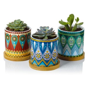 3" Inch Succulent Planter Set, Mandala pattern, with Trays, Ceramic Planter, Planter Pot, Succulent Pot, Cactus Pot, Plants Not Included