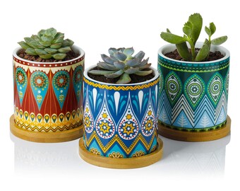 3" Inch Succulent Planter Set, Mandala pattern, with Trays, Ceramic Planter, Planter Pot, Succulent Pot, Cactus Pot, Plants Not Included