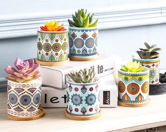 Mandala Succulent Planter Set, 3 Inch Planters, Set of 6, with Trays, with Drainage Hole, Planter Pots, Succulent Pot, Plants Not Included