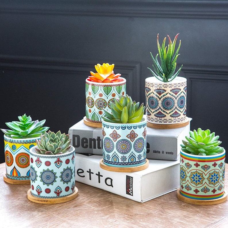 Mandala Succulent Planter Set, 3 Inch Planters, Set of 6, with Trays, with Drainage Hole, Planter Pots, Succulent Pot, Plants Not Included image 2
