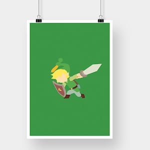 May include: A green poster featuring a cartoon illustration of Link from the Legend of Zelda video game series. Link is wearing green clothing and holding a sword and shield. He is standing on a green background.