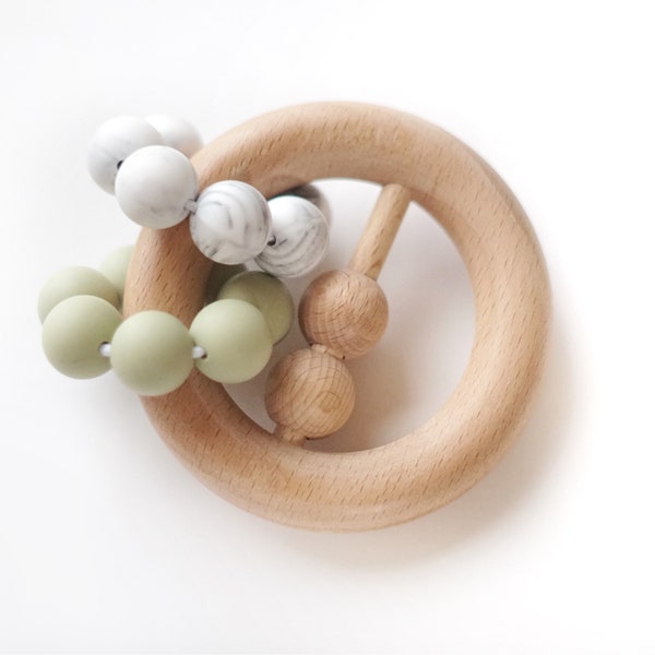 Silicone and Wood Baby Toy , Baby Teether , Wooden Rattle with Silicone Teething Beads , Wooden Toy , Montessori Toy , Baby Shower Gift,