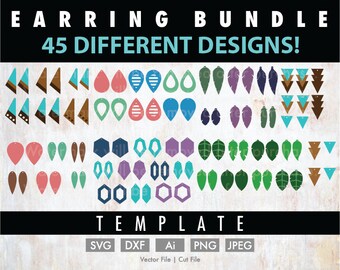 DIY 45 Earrings Template Bundle - Cut File/Vector, Silhouette, Cricut, SVG, PNG, Clip Art, Download, Faux Leather, Stencil, Jewelry Pack