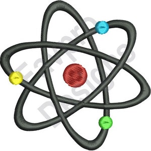 May include: A black and white atom model with a red center and four orbiting electrons in yellow, blue, and green.