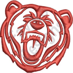 May include: Red embroidered design of a bear's face with a wide open mouth and a tongue sticking out.
