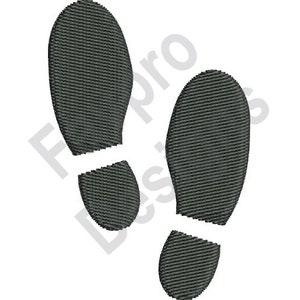 May include: Two black shoe prints on a white background. The prints are detailed with a textured pattern.