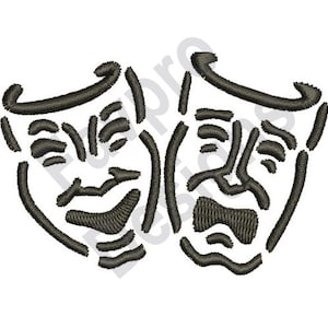 May include: Black and white line art illustration of two theatrical masks, one smiling and one frowning. The masks are side by side and represent comedy and tragedy.