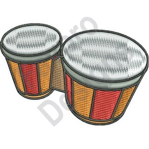 Puede incluir: Un par de bongos marrones y rojos con tapas blancas. Los tambores están hechos de madera y tienen un diseño tradicional.