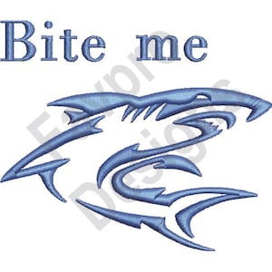 May include: Blue embroidered design of a shark with the text "Bite me" above it.