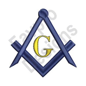 May include: A blue and gold Masonic symbol with a compass and square, and a letter G in the center.