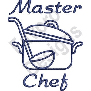 Puede incluir: Un diseño bordado en azul con las palabras "Master Chef" arriba y abajo de un dibujo lineal de una olla con un cucharón. El diseño está sobre un fondo blanco.