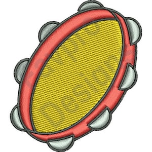 May include: A red and yellow tambourine with silver jingle bells. The tambourine is a musical instrument used for percussion.
