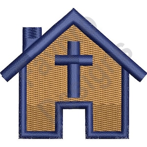 Puede incluir: Un parche bordado que representa una casa con una cruz en su interior. La casa está bordeada de azul y la cruz es azul con fondo marrón.