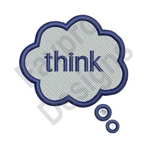 May include: A blue thought bubble with the word "think" inside and two smaller circles coming out of the bottom.
