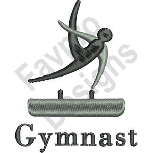 Puede incluir: Una silueta en blanco y negro de un gimnasta realizando un ejercicio en un caballo con arcos gris. La palabra "Gymnast" está escrita debajo de la imagen.